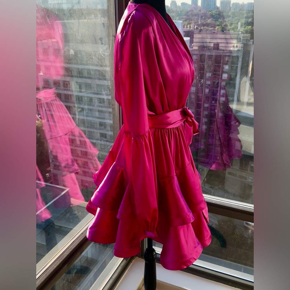 🆕 BRONX & BANCO 🧿 NWOT Bedouin V-Neck Ruffle Mini Dress, Pink Silk - Size L - Picture 8 of 15